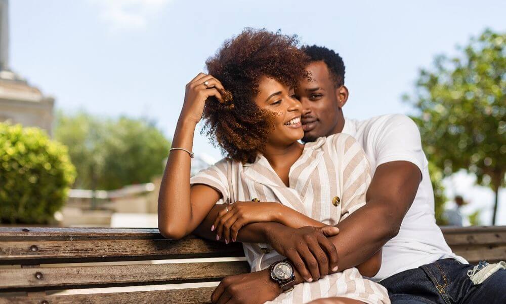 Black couple sitting on a bank